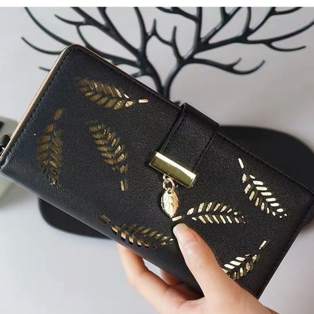 Womens Leave Design Pu Leather Zipper Black Buckle Wallet - Picture 3 of 5